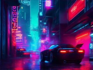 Cyberpunk city with colorful neon in foggy vibes, Motion blur moving car along the street. Futuristic art illustration.