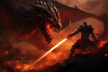 a person and a dragon fighting in an artful setting, the human holding a sword