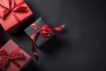 Top view of black and reds Christmas gift box reds ribbon on dark background concept anniversary holiday birthday or Christmas, copy space for text