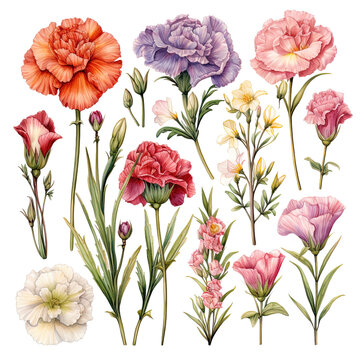Set of watercolor carnation flower clipart, isolated on a transparent background