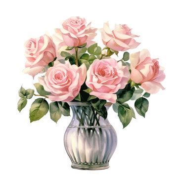 Pink rose in Vase Watercolor 