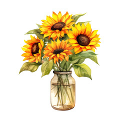 sunflower in a vase, watercolor, isolated background