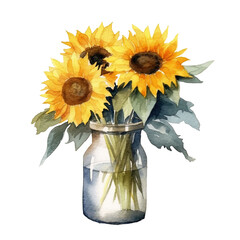 sunflower in a vase, watercolor, isolated background