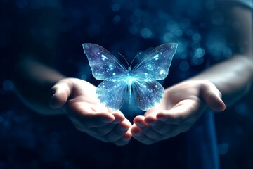 AI generated illustration of a woman's hands cradling a floating illuminated blue butterfly - obrazy, fototapety, plakaty