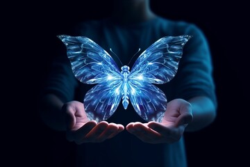 AI generated illustration of a holographic blue butterfly over the hands of a person