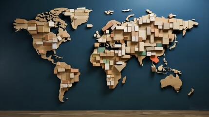 AI generated illustration of a world map made of wooden blocks on a blue wall