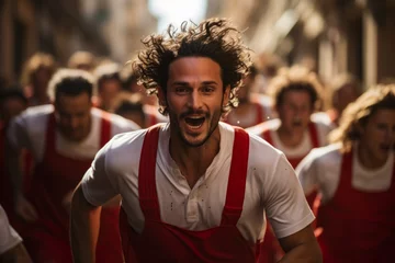 Foto op Plexiglas Iconic red and white attire worn by participants in the Running of the Bulls, Generative AI © Shooting Star Std