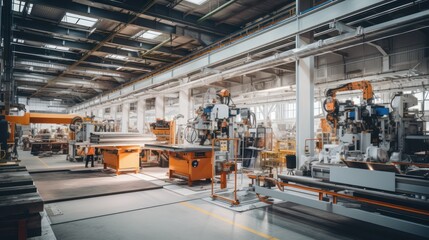A Factory interior construction, modern large-scale production lines, industrial production technology, remanufacturing, production lines. - Powered by Adobe