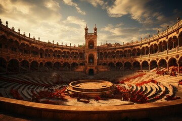 Spectacular bullfighting arena, highlighting the grandeur of the sport during the festival,...