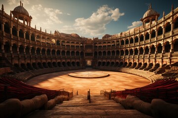 Spectacular bullfighting arena, highlighting the grandeur of the sport during the festival,...
