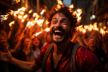 Obraz premium Street performer entertaining festivalgoers with fire juggling at San Fermín, Generative AI