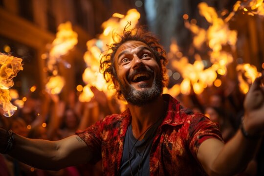 Street performer entertaining festivalgoers with fire juggling at San Fermín, Generative AI