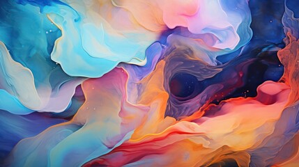 A Beautiful abstraction of liquid paints in slow blending flow mixing together gently, colorful, abstract, color, abstract background.