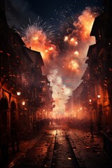 Fototapeta premium Fireworks illuminating the night sky over Pamplona during the festival, Generative AI