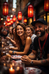 Naklejka premium Revelers enjoying traditional Basque cuisine and drinks at San Fermín, Generative AI