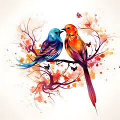 watercolor painting of couple of little bird on a branch