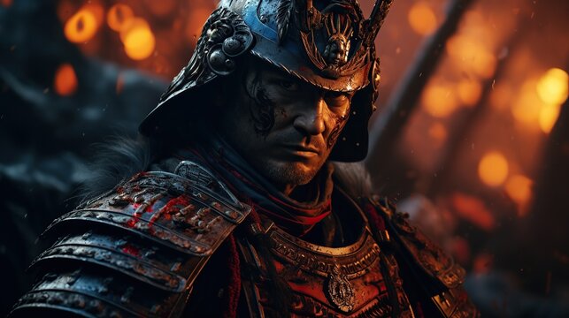 Japanese samurai battle in action at middle of war, dramatic scene atmosphere fighting sword