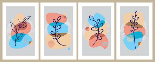 Collection of contemporary art posters in pastel colors. Abstract paper cut geometric elements and strokes, leaves and dots. Great deisgn for social media, postcards, print.