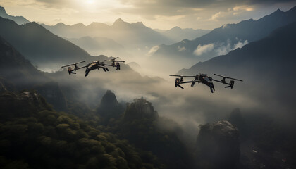 Fototapeta na wymiar two drones flying over a valley in the mountains