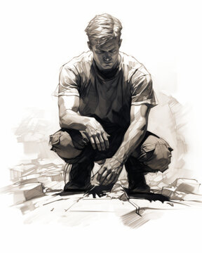 A drawing of a man kneeling down on the ground