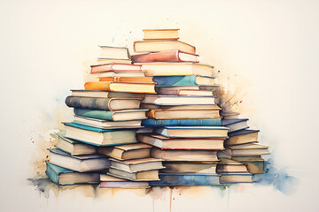 A watercolor of pile of books sitting on top of each other