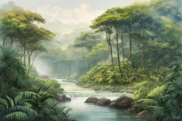 Foto op Canvas Paisagem de floresta tropical húmida, grandes árvores, e rio cortando a mata. © MarioSergio