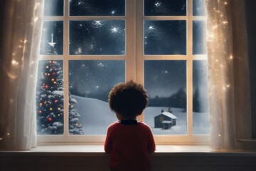 Menino negro, observa, através da janeila a noite estrelada de natal