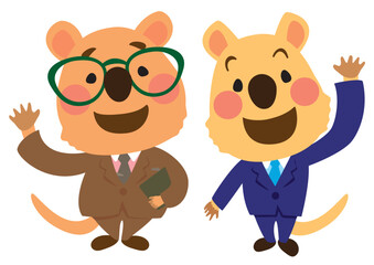 ビジネスマン風のクアッカワラビーの上司と部下が笑顔で手を振るベクターイラスト