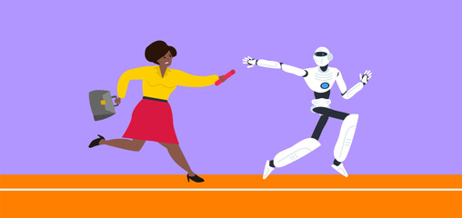 running african american businesswoman passes a baton to robot humanoid relay race vector illustration