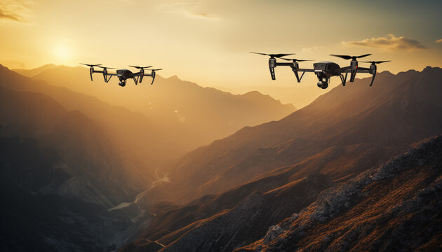 two drones flying over a valley in the mountains