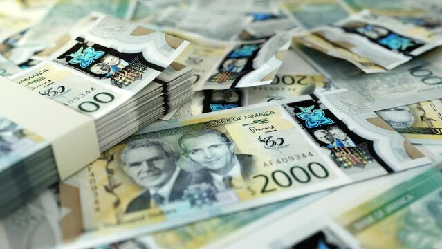 3D animation of Camera panning around spread 2000 Jamaican dollar notes. Camera moving around Scattered dollar notes on surface