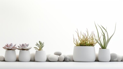 a row of potted succulent and cacti plants against a white background, creating a serene and modern aesthetic with a touch of nature.