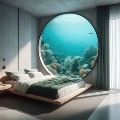 A modern bedroom with a large circular window that looks out onto an underwater scene.