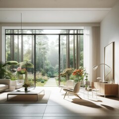 A modern living room with a view of a garden