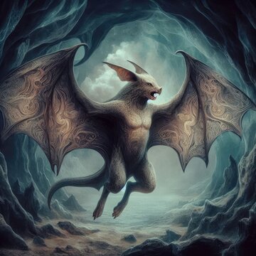 A mythical creature with the body of a bat and the head of a rhinoceros in a dark cave