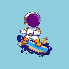astronauts surf on a surfboard in space with planets and ocean waves