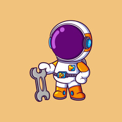 Cute Astronaut cartoon character holding spanner wrench
