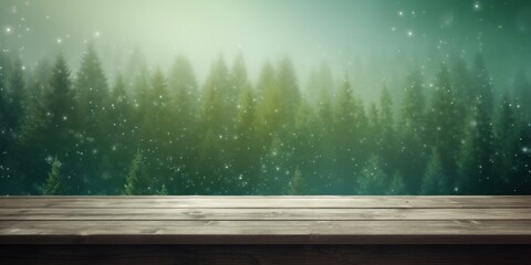 Empty old wooden table over magic dark green glitter Christmas background