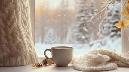 Cup of coffee and knitted sweater on the window age with winter scene outside