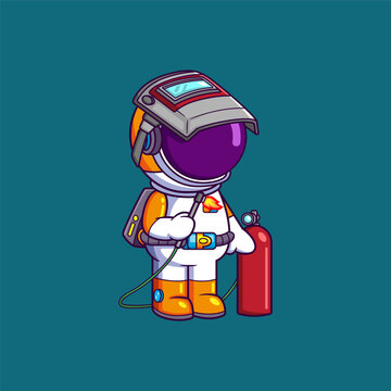 Cute Astronaut a shield on his head holding a welding machine. Science Technology Icon Concept