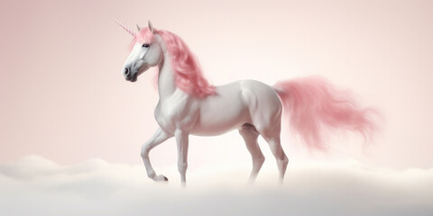 Naklejka na ściany i meble Soft pink unicorn with fluffy tail and mane on white clouds and pink sky