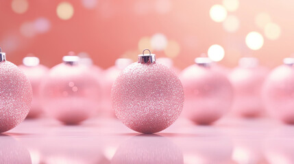 Fototapeta premium Pink Christmas decorative balls hanging on bokeh lights soft background