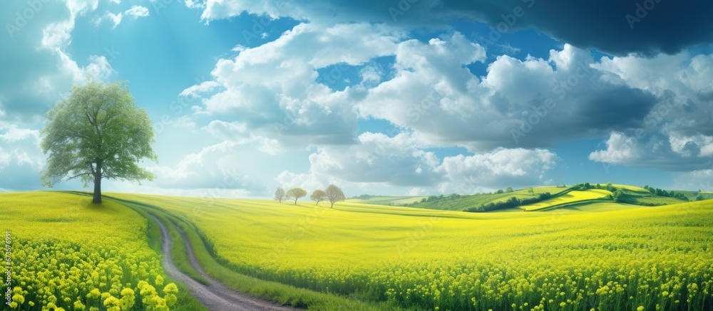 Wall mural the field s breathtaking scenery creates a picturesque landscape with an amazing background and a ro