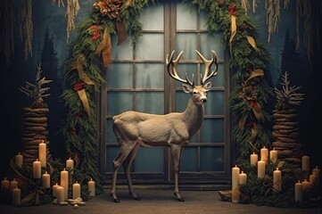 Reindeer stand against a curved arch decorated with candles and balls with Christmas leaves.