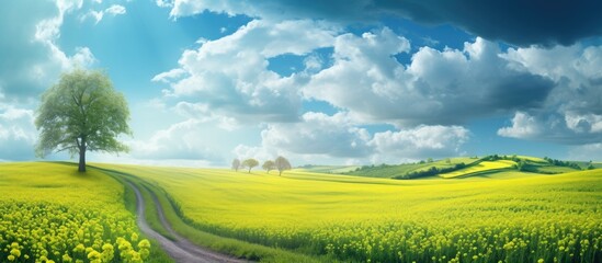 The field s breathtaking scenery creates a picturesque landscape with an amazing background and a road winding through it