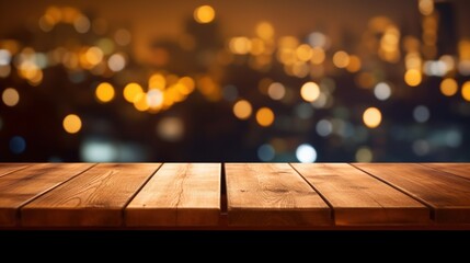 Close-up of wooden balcony or floor for text banner against beautiful bokeh backdrop from the city