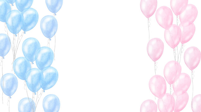 Banner blue pink balloons, boy girl birthday surprise. Gender reveal party, baby shower. Hand drawn watercolor illustration isolated on white background. For newborn products