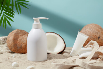 Front view of shower gel with coconut extract. The Mediterranean vibe is cool and refreshing. Mockup for organic skin care shower gel advertisement.
