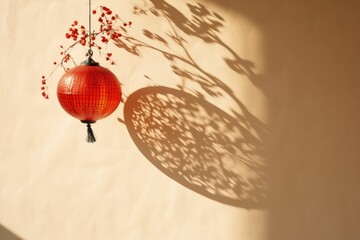 the shadow of a lampion lantern chinese on the clean red wall sunny light - obrazy, fototapety, plakaty