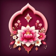 pink and red arch with a pink lotus flower in the center, decorated with white flowers and gold accents on a dark pink background